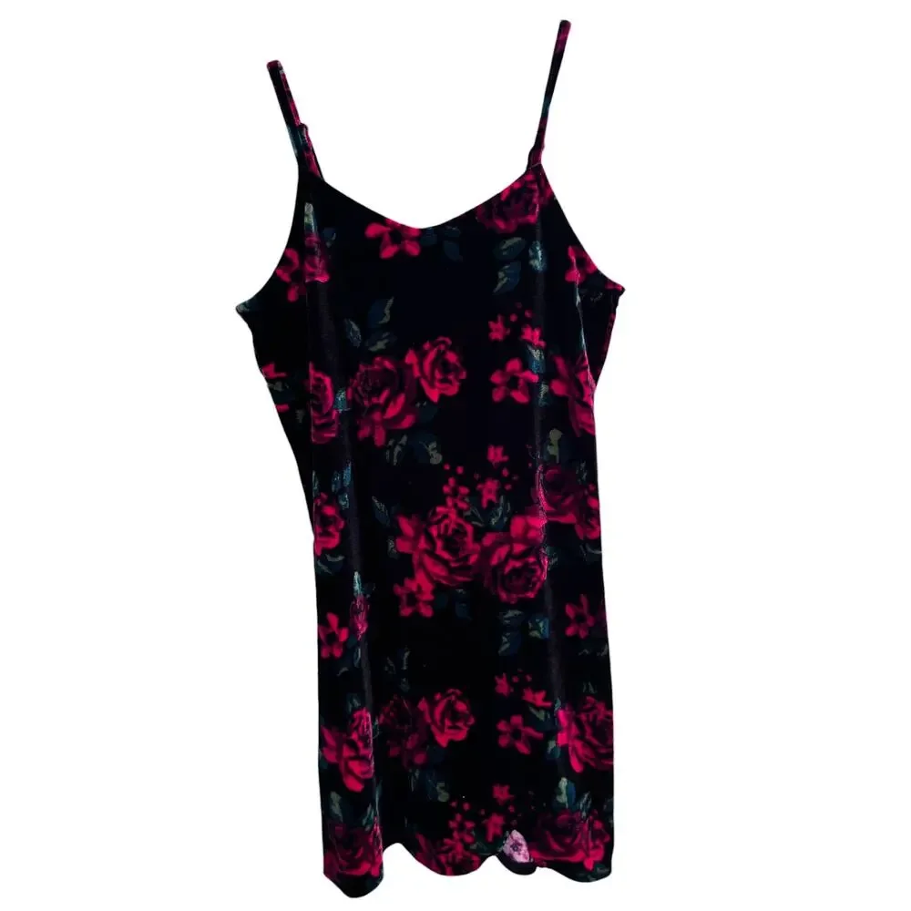 Art Class Girls Velvet Floral Slip Dress Black Red Roses Adjustable L 10/12
